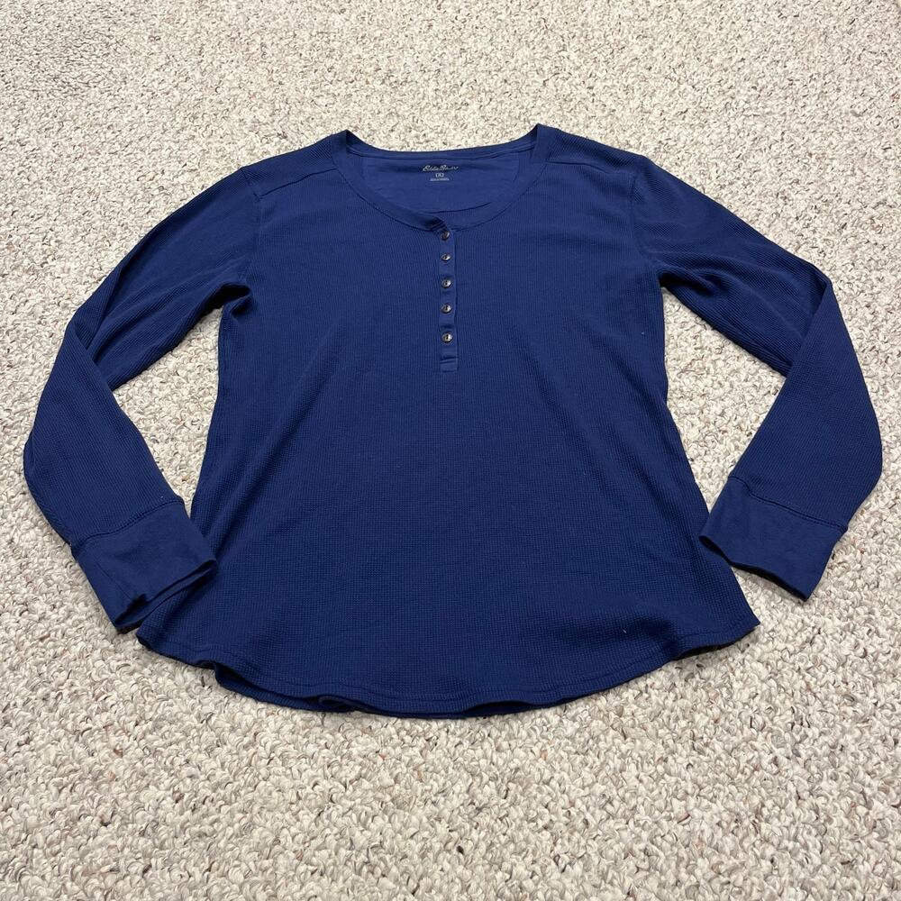 Eddie Bauer Long Sleeve Thermal Henley Tee XL Blue Outdoor Cozy Cabincore